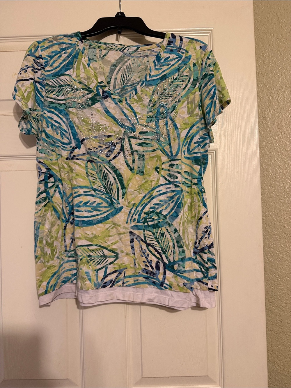 Papaya Blue & Green Leaf Print Short Sleeve Top